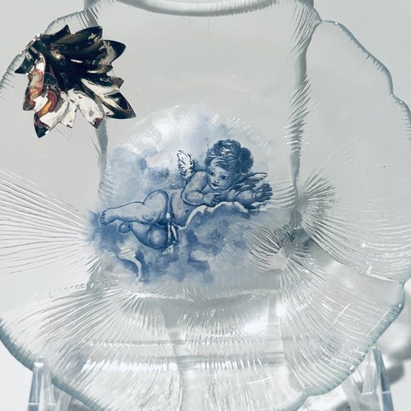 Angel Glass Curved Plate 925 Silver Leaf Hand Painted ARGENTERIA ASTUNI Vintage - Picture 5 of 9